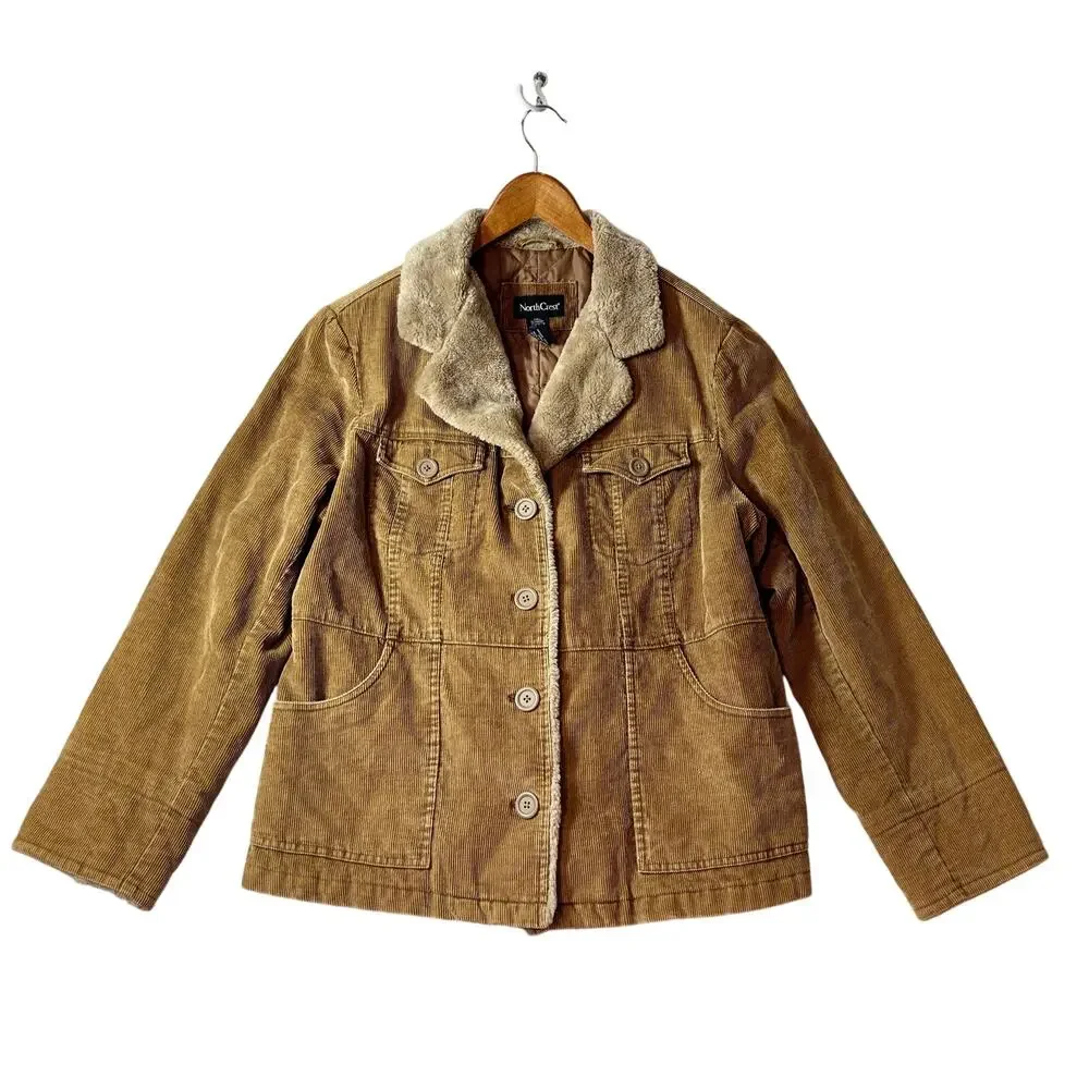 Vintage North Crest Jacket Womens XL 18 Brown Tan Corduroy Faux Fur Collar 90s - Picture 2 of 9